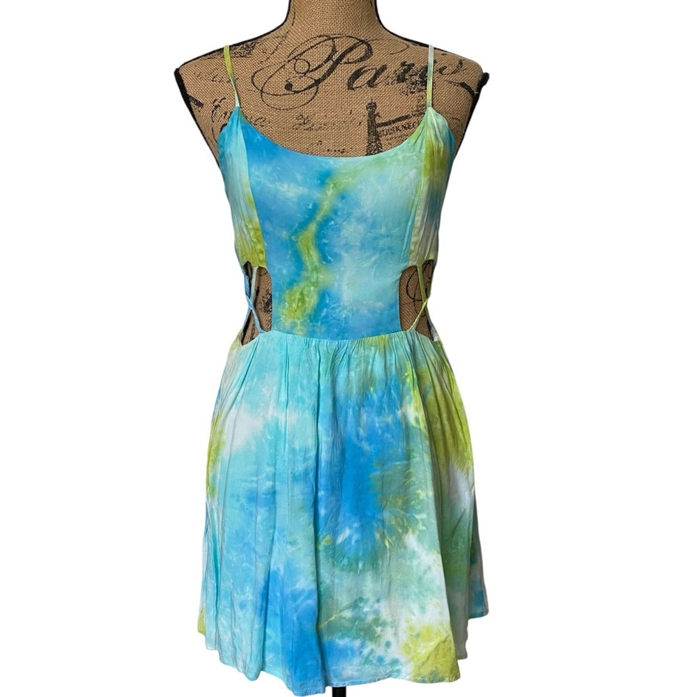 Cotton Candy Tie Dye Blue Green Cut Out Summer Mini Dress Size Medium